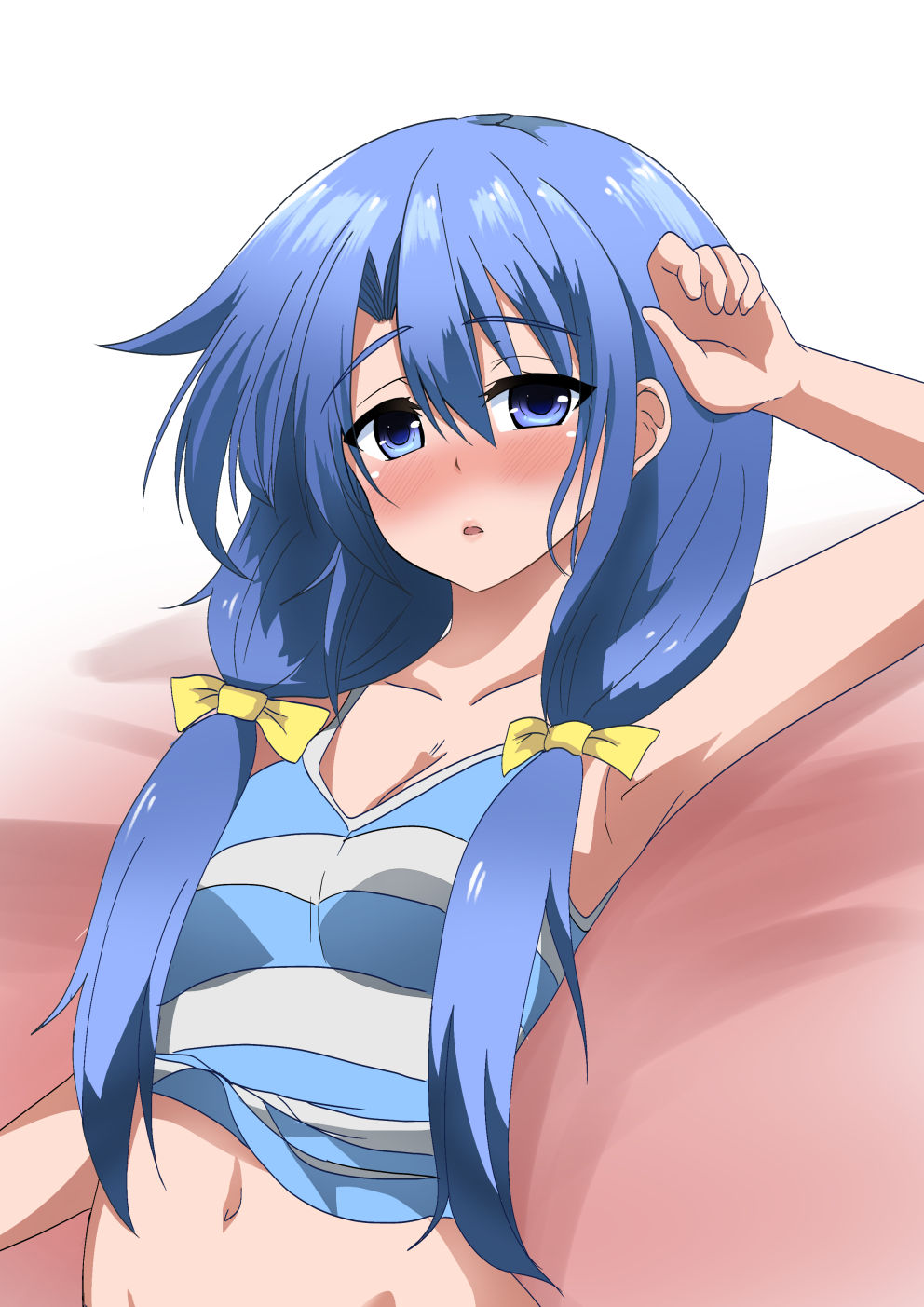 1girl arm_up armpits blue_eyes blue_hair blush bottomless breasts camisole cleavage highres long_hair navel open_mouth original out-of-frame_censoring ribbon solo twintails