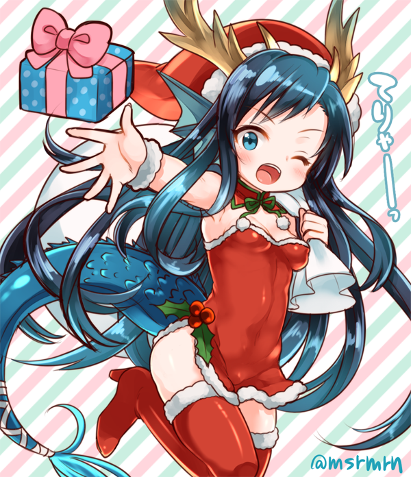 &gt;;d 1girl ;d antlers bangs black_hair blue_eyes blue_hair boots box diagonal_stripes dress fish_tail fur_trim gift gift_box head_fins high_heel_boots high_heels holly karin_(p&amp;d) long_hair marshmallow_mille one_eye_closed open_mouth puzzle_&amp;_dragons reindeer_antlers sack santa_costume short_dress small_breasts smile solo striped striped_background swept_bangs thigh-highs thigh_boots twitter_username very_long_hair wristband