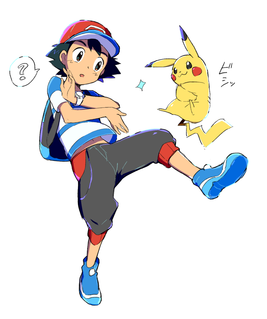 1boy :3 ? ame_(ame025) ash_ketchum backpack bag bangs baseball_cap black_hair blue_footwear commentary_request full_body gen_1_pokemon grey_pants hat male_focus pants pikachu pokemon pokemon_(anime) pokemon_(creature) pokemon_sm_(anime) pose red_headwear shirt shoes short_hair short_sleeves simple_background sparkle spoken_question_mark striped striped_shirt white_background z-ring