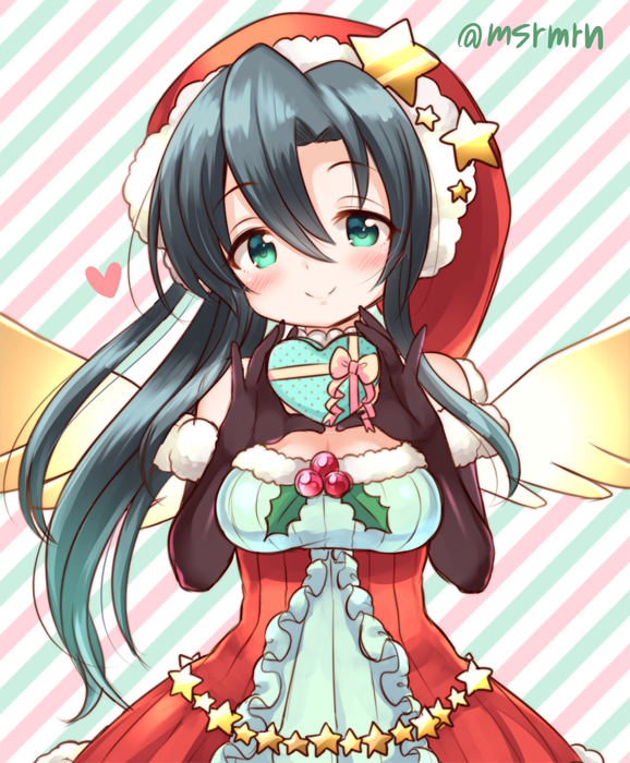 1girl aqua_eyes black_gloves black_hair blush box diagonal_stripes dress elbow_gloves frills fur-trimmed_gloves fur_trim gift gift_box gloves green_eyes hat heart heart-shaped_box holly long_hair looking_at_viewer marshmallow_mille puzzle_&amp;_dragons santa_hat smile solo star striped striped_background twitter_username verdandi_(p&amp;d) wings