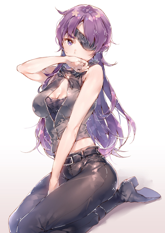 1girl bare_shoulders black_boots black_pants blush boots breasts cleavage cleavage_cutout covering_mouth dsmile eyepatch knee_boots long_hair mirai_nikki navel pants purple_hair seiza shiny shiny_clothes shirt simple_background sitting sleeveless sleeveless_shirt solo tank_top uryuu_minene very_long_hair violet_eyes white_background