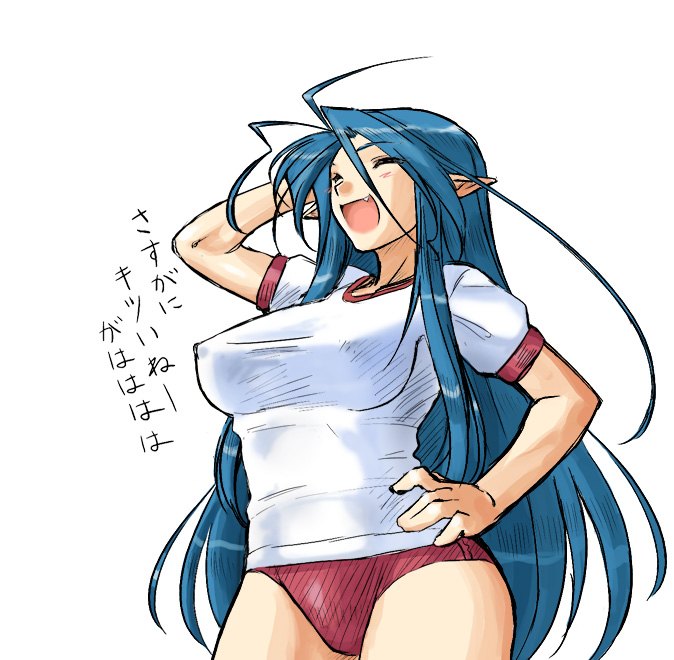 1girl blue_hair breasts breath_of_fire breath_of_fire_iii deis dr.p hand_on_hip large_breasts long_hair pointy_ears school_swimsuit solo source_request swimsuit translation_request white_background