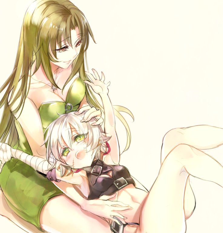 2girls assassin_of_black bandages bare_shoulders belt black_panties breasts brown_eyes brown_hair cleavage crop_top dress fate/apocrypha fate/grand_order fate_(series) green_dress happy jewelry koko_(oyasuminasai) large_breasts long_hair looking_at_another multiple_girls navel necklace on_lap panties rikudou_reika scar seiza short_hair silver_hair sitting smile underwear