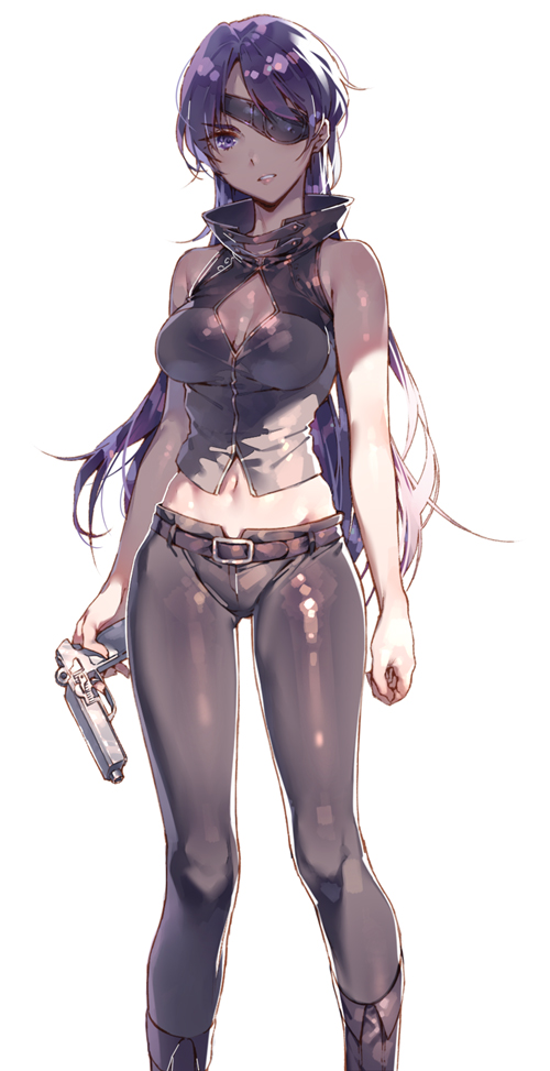 1girl ass_visible_through_thighs bare_shoulders black_boots black_pants boots breasts cleavage cleavage_cutout clenched_teeth collar dsmile gun handgun holding holding_gun holding_weapon knee_boots long_hair mirai_nikki navel pants parted_lips purple_hair shiny shiny_clothes shirt simple_background sleeveless sleeveless_shirt solo standing stomach tank_top teeth uryuu_minene very_long_hair violet_eyes weapon white_background