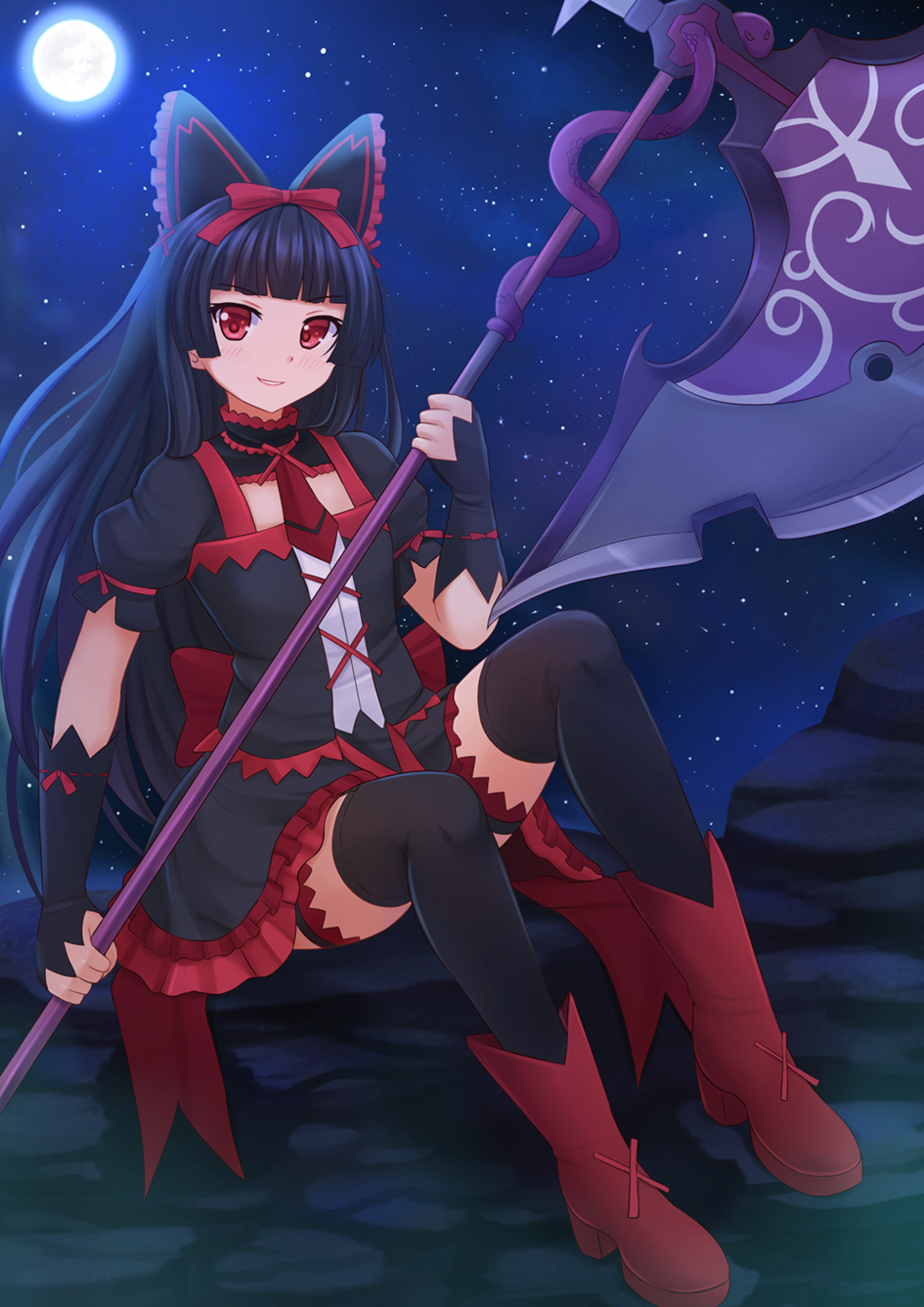 &gt;:d 1girl :d animal_ears arm_warmers axe battle_axe black_dress black_hair black_legwear blush boots bow cat_ears collar cross-laced_clothes dress fake_animal_ears full_moon gate_-_jieitai_ka_no_chi_nite_kaku_tatakaeri grin hair_bow highres holding holding_weapon kazenokaze knee_boots long_hair moon moonlight necktie night night_sky open_mouth outdoors puffy_short_sleeves puffy_sleeves red_boots red_bow red_necktie rock rory_mercury scales short_sleeves sidelocks sky smile solo star_(sky) starry_sky teeth thigh-highs thighs tsurime very_long_hair weapon zettai_ryouiki