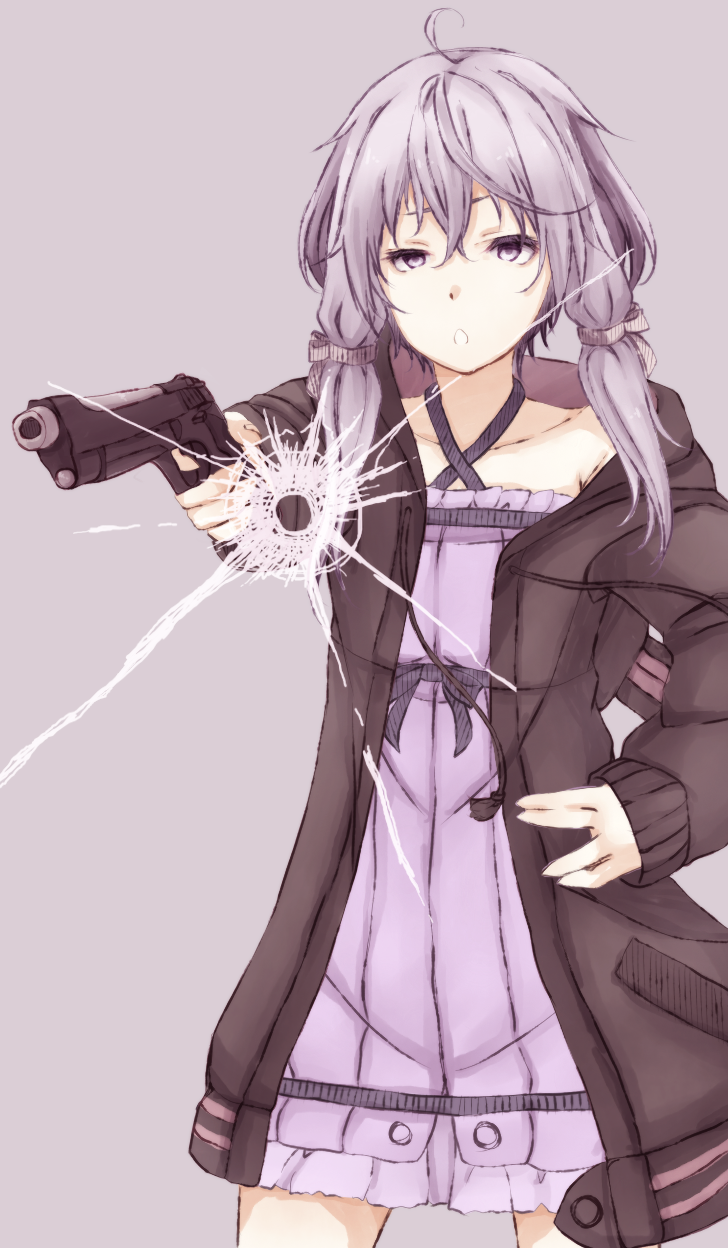 1girl ahoge aiming_at_viewer bullet_hole collarbone cracked_glass dress fourth_wall gun hair_ribbon hand_on_hip handgun highres holding holding_weapon hood hoodie itituki long_hair looking_at_viewer open_mouth pistol purple_hair ribbon solo twintails upper_body violet_eyes vocaloid voiceroid weapon white_background yuzuki_yukari