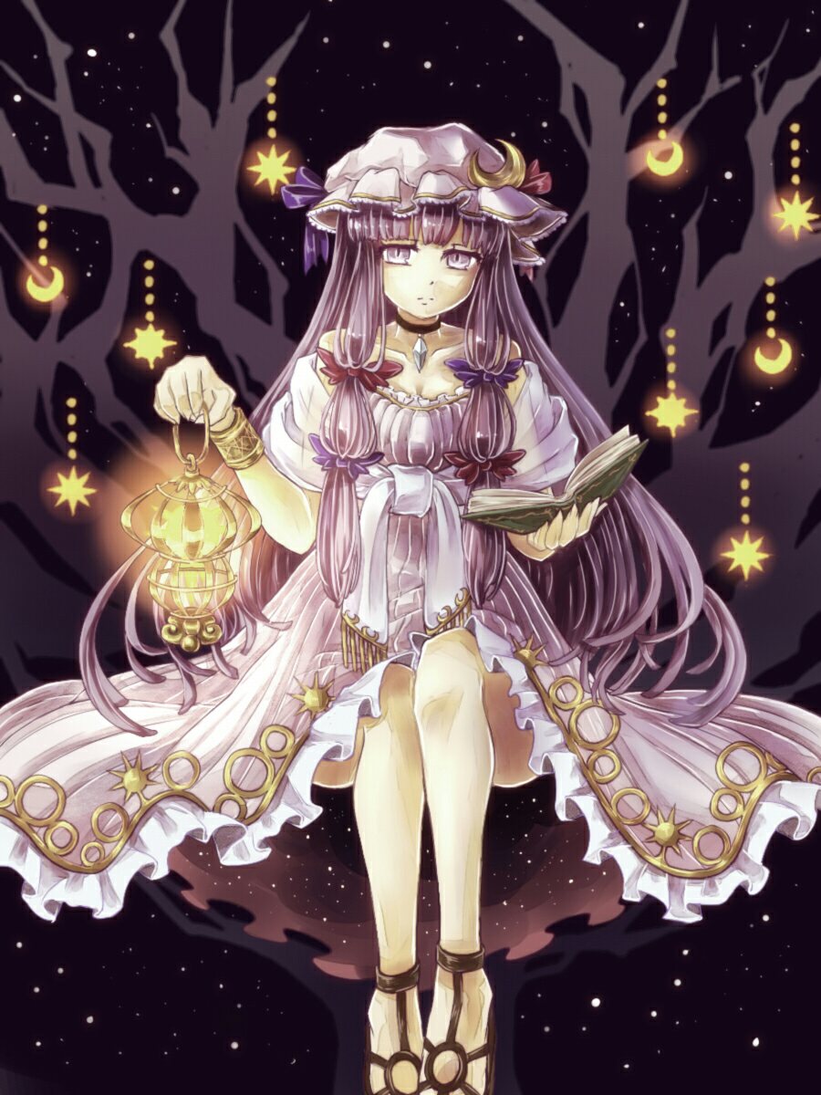 1girl bare_shoulders blue_bow book bow choker collarbone crescent crescent_hair_ornament dress embellished_costume expressionless floating hair_bow hair_ornament hat highres lantern long_hair looking_at_viewer mob_cap namuko patchouli_knowledge purple_hair red_bow see-through shoes sidelocks sitting solo touhou tree very_long_hair violet_eyes wrist_cuffs
