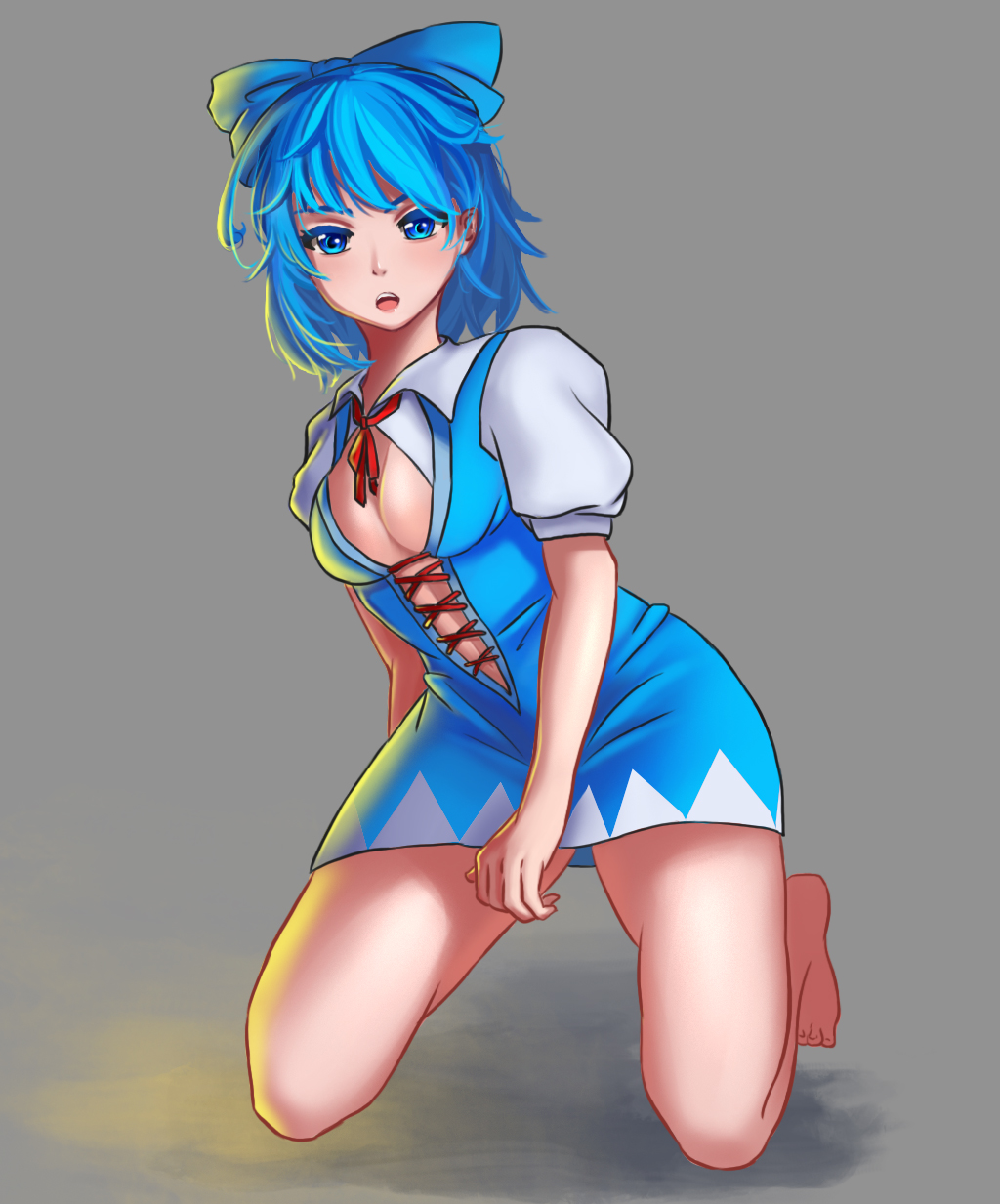 1girl 4_am :o adapted_costume bare_legs barefoot blue_bow blue_dress blue_eyes blue_hair blush bow breasts brown_background cirno cleavage collarbone collared_shirt colored_eyelashes contrapposto cross-laced_clothes dress full_body hair_bow highres kneeling legs_apart light looking_at_viewer navel open_mouth puffy_short_sleeves puffy_sleeves red_ribbon ribbon round_teeth shade shirt short_hair short_sleeves simple_background sleeveless sleeveless_dress solo teeth thighs toenails toes touhou white_shirt