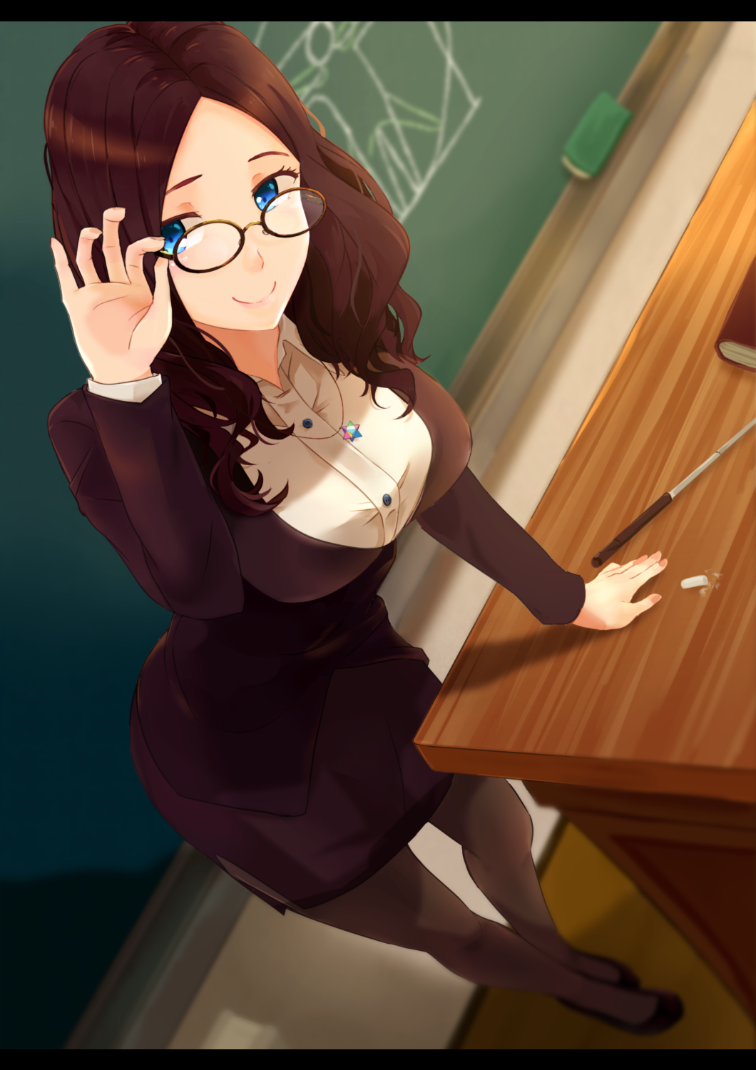 1girl adjusting_glasses blue_eyes breasts brown_hair chalk desk fate/grand_order fate_(series) formal glasses highres hips hsin jewelry large_breasts leaning_forward legs leonardo_da_vinci_(fate/grand_order) long_hair looking_at_viewer necklace pantyhose pointer saint_quartz skirt smile solo teacher thighs