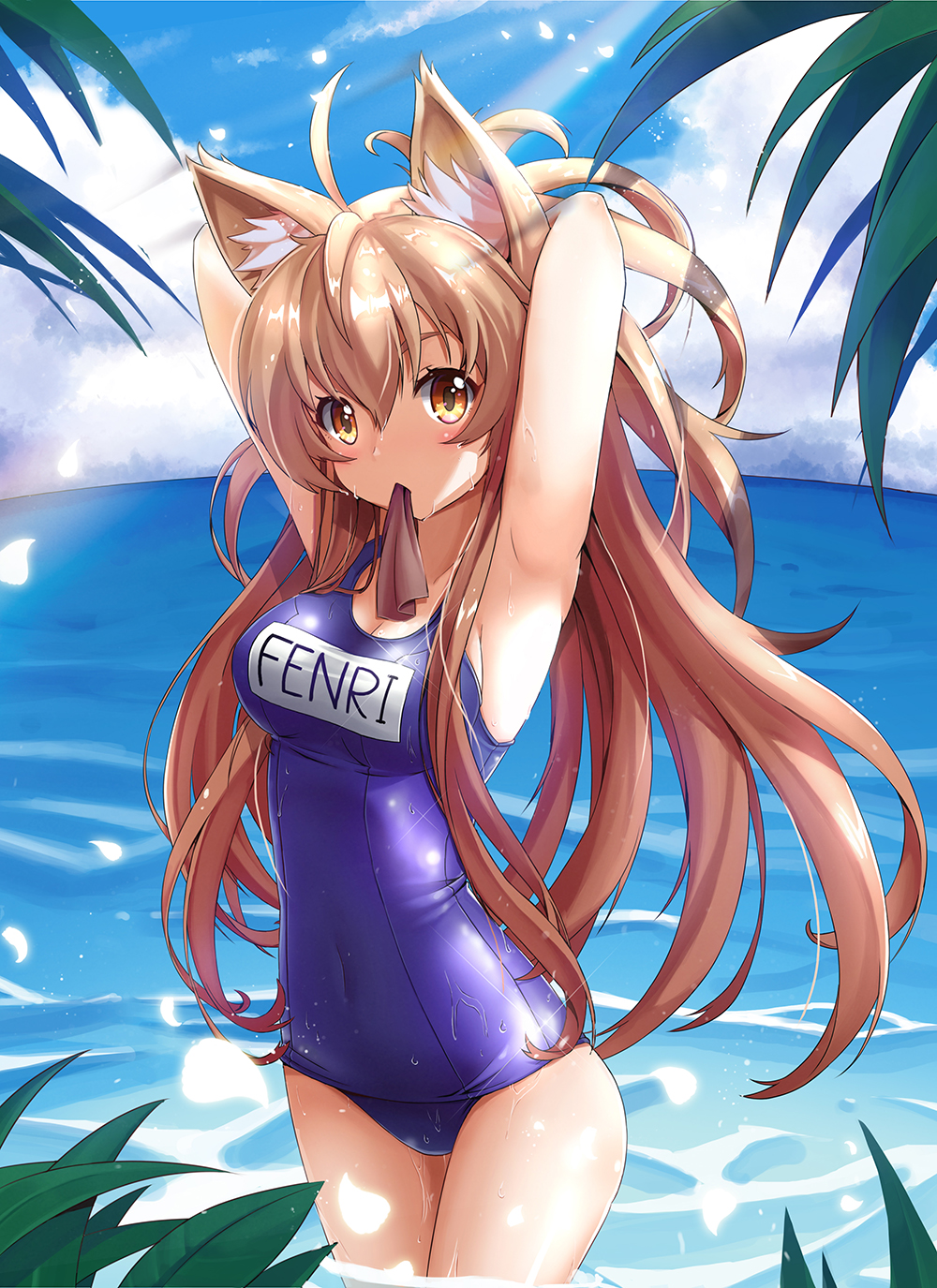 1girl adjusting_hair ahoge animal_ears armpits arms_up beach blonde_hair blush breasts cat_ears cleavage collarbone covered_navel day dripping glint hair_between_eyes highres horizon legs_together light_rays long_hair looking_at_viewer name_tag one-piece_swimsuit original palm_tree plant school_swimsuit skin_tight solo sora_(dkssud6580) sunlight swimsuit tareme thighs tree tying_hair very_long_hair water water_drop wet wet_clothes wet_hair wet_swimsuit