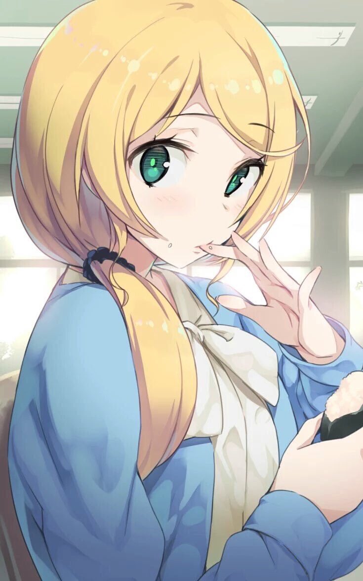 1girl blonde_hair blush ellen_baker finger_licking food food_on_face green_eyes indoors licking lips long_hair looking_at_viewer narcllst new_horizon onigiri ponytail rice rice_on_face scrunchie solo sweater window