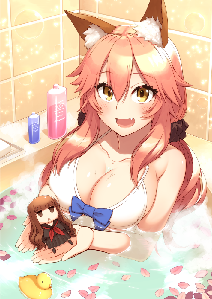 2girls :d animal_ears bathing bathroom bathtub bikini bikini_top black_legwear black_serafuku blue_bow blush bow bow_bikini breasts brown_eyes brown_hair caster_(fate/extra) character_doll collarbone eyebrows eyebrows_visible_through_hair fang fate/extra fate/extra_ccc fate/grand_order fate_(series) fox_ears fox_tail hair_between_eyes hair_ornament hair_scrunchie holding indoors jitome kishinami_hakuno_(female) kneehighs large_breasts long_hair long_sleeves looking_at_viewer multiple_girls open_mouth oyaji-sou partially_submerged petals petals_on_water pink_hair rose_petals rubber_duck school_uniform scrunchie serafuku shiny shiny_skin sleeves_past_wrists smile soap_bottle soap_bubbles swimsuit tail tamamo_cat_(fate/grand_order) tile_wall tiles toy triangle_mouth twintails upper_body water water_drop white_bikini yellow_eyes