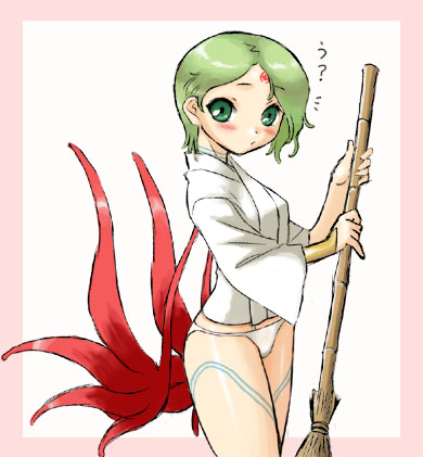 1girl breath_of_fire breath_of_fire_v dr.p dress facial_mark full_body_tattoo green_eyes green_hair hair_over_one_eye lowres nina_(breath_of_fire_v) red_wings short_hair solo tattoo wings