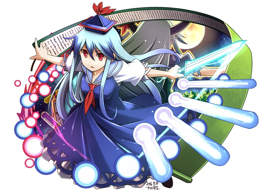 1girl back-to-back blue_dress blue_hair danmaku dated dress dual_persona ex-keine full_body full_moon hakoniwa_tsuka hat kamishirasawa_keine long_hair looking_at_viewer moon outstretched_arms puffy_short_sleeves puffy_sleeves red_eyes scroll short_sleeves sidelocks signature sword touhou weapon white_background