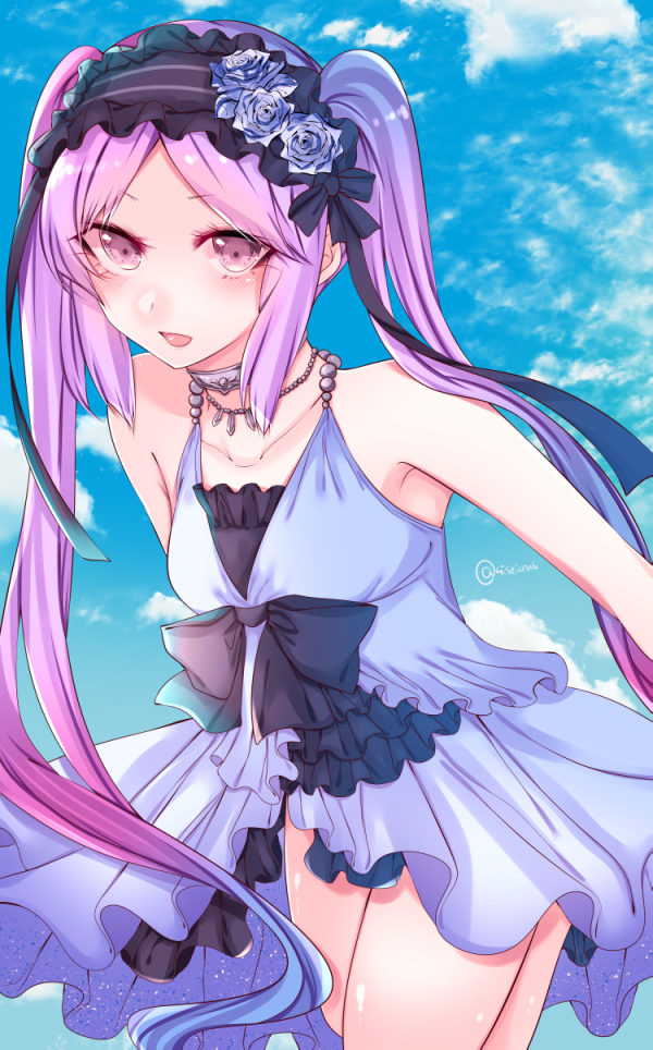1girl choker dress euryale fate/grand_order fate_(series) frills hairband lolita_hairband long_hair purple_hair shisei_(kyuushoku_banchou) sleeveless smile twintails violet_eyes