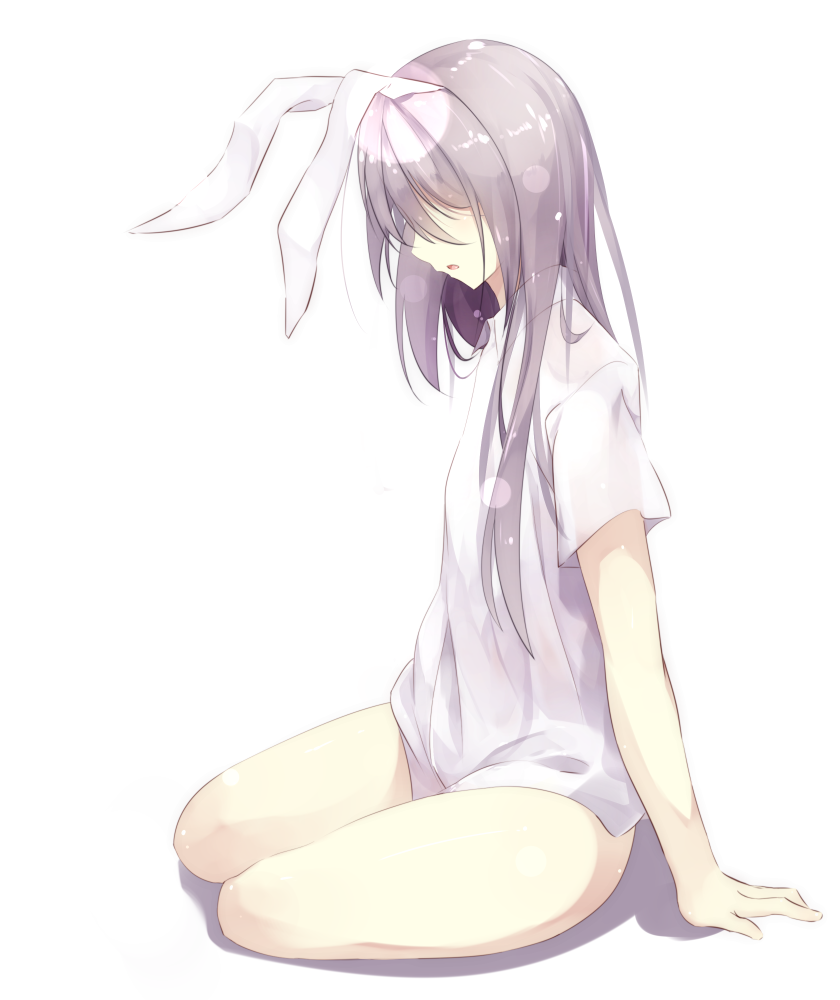 1girl :o animal_ears arms_at_sides bare_legs blush from_side full_body gorilla_(bun0615) head_down hidden_eyes lens_flare long_hair no_pants open_mouth profile rabbit_ears reisen_udongein_inaba shirt short_sleeves silver_hair simple_background sitting solo thighs touhou white_background white_shirt yokozuwari