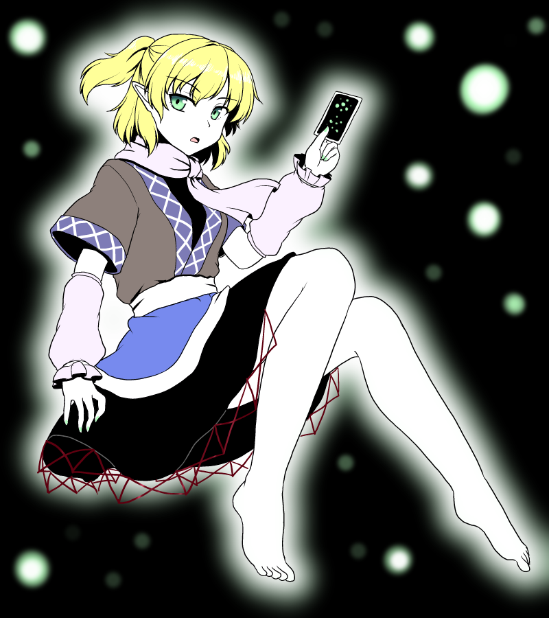 1girl arm_warmers aura barefoot blonde_hair danmaku gomi_(gomitin) green_eyes looking_at_viewer mizuhashi_parsee open_mouth pointy_ears ponytail sash scarf shirt short_sleeves skirt solo spell_card touhou