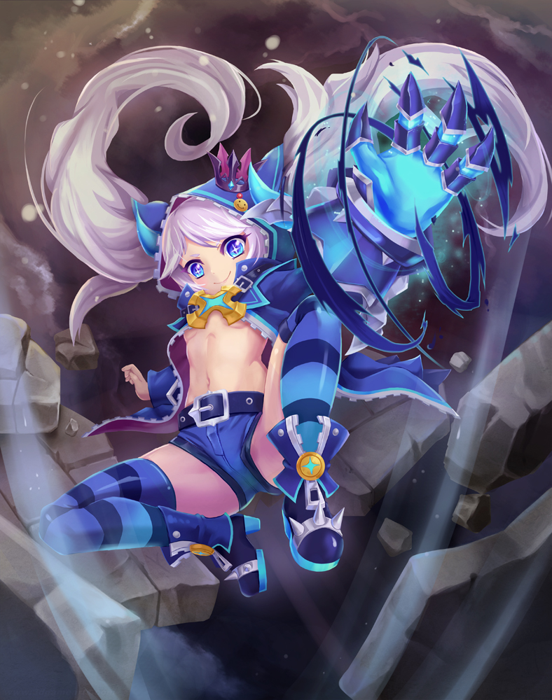 1girl bell_(angelicalary) belt blue_eyes blue_legwear blue_shoes chiliarch_(elsword) claws crown elsword full_body hood jacket long_hair looking_at_viewer luciela_r._sourcream midriff mini_crown navel no_bra shoes short_shorts shorts small_breasts smile solo striped striped_legwear symbol-shaped_pupils thigh-highs twintails white_hair