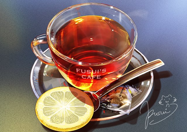 black_tea cup drink food fruit fusui glint lemon lemon_slice liquid no_humans original realistic saucer signature spoon tea teabag teacup transparent