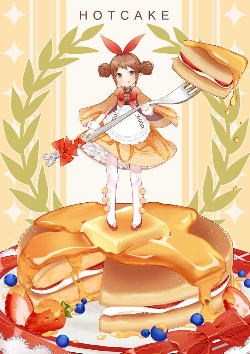 1girl blueberry brown_hair butter cream double_bun english food food_as_clothes food_themed_clothes fork frills fruit gotmil honey original pancake personification ribbon strawberry tagme tongue tongue_out