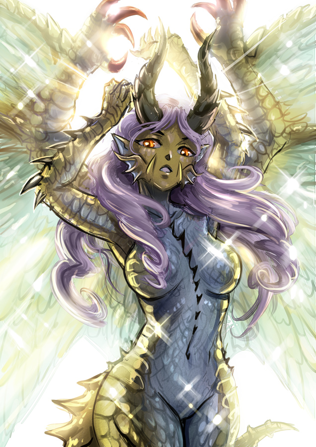 1girl arms_up dragon_girl horns maxa' monster_girl monster_hunter orange_eyes personification purple_hair scales shagaru_magala tagme tail wings
