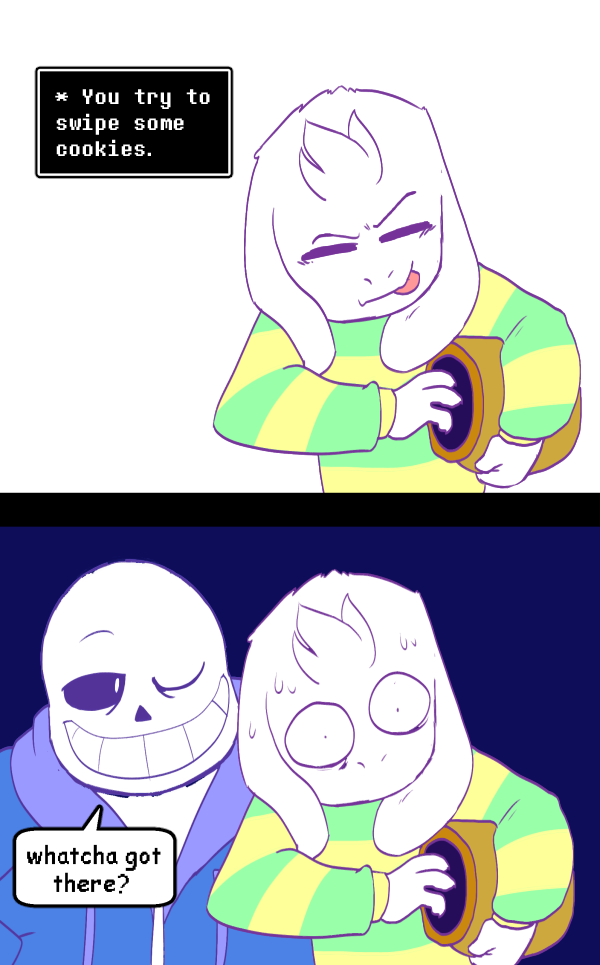 2boys :p =_= asriel_dreemurr caught commentary cookie_jar gameplay_mechanics grin hood hoodie koalacola monster_boy multiple_boys sans shirt skeleton smile spoilers striped striped_shirt sweat sweating_profusely tongue tongue_out undertale what_if wide-eyed