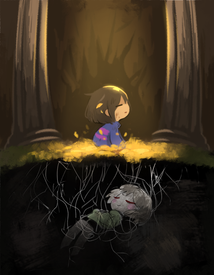 androgynous blush_stickers brown_hair buried chara_(undertale) closed_eyes corpse ei012 flower_bed frisk_(undertale) open_mouth petals pillar roots smile spoilers spotlight striped striped_sweater sweater undertale waking_up