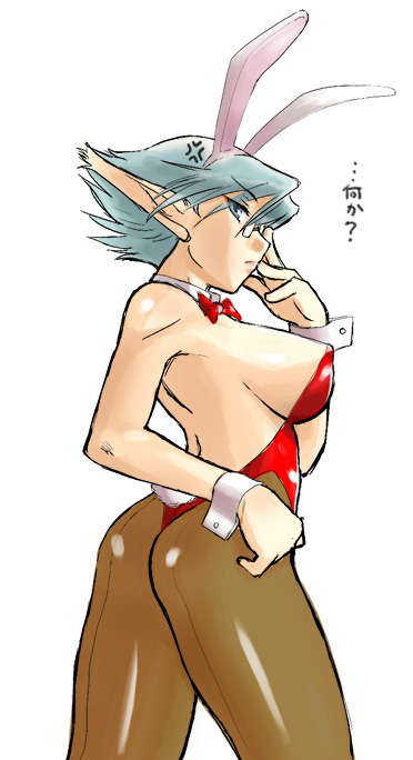 1girl blue_hair breasts breath_of_fire breath_of_fire_v bunnysuit dr.p glasses large_breasts pointy_ears short_hair solo white_background zeno_1/128