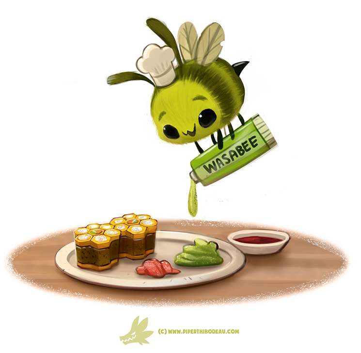 :3 :d antennae black_eyes bowl chef_hat creature cryptid_creations flying food full_body hat holding honeycomb no_humans open_mouth original plate sauce simple_background smile sushi text tube wasabi watermark web_address white_background