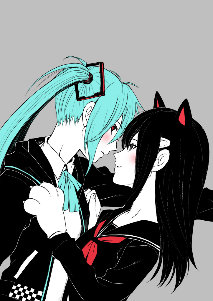 animal_ears aqua_hair black_eyes black_hair bow cat_ears cat_paw character_request face-to-face grey_background hair_ornament hatsune_miku long_hair looking_at_another looking_at_viewer red_eyes simple_background smile twintails vocaloid yuri