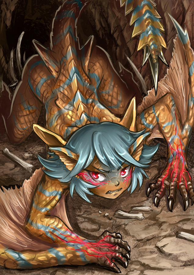 1girl all_fours maxa' monster_girl monster_hunter personification red_eyes scales tagme tail tigrex wings