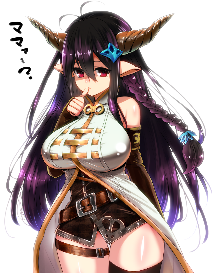 1girl alternate_costume braid breasts danua elf finger_sucking granblue_fantasy huge_breasts long_hair narumeia_(granblue_fantasy) narumeia_(granblue_fantasy)_(cosplay) perepere-kun pointy_ears shaded_face translation_request