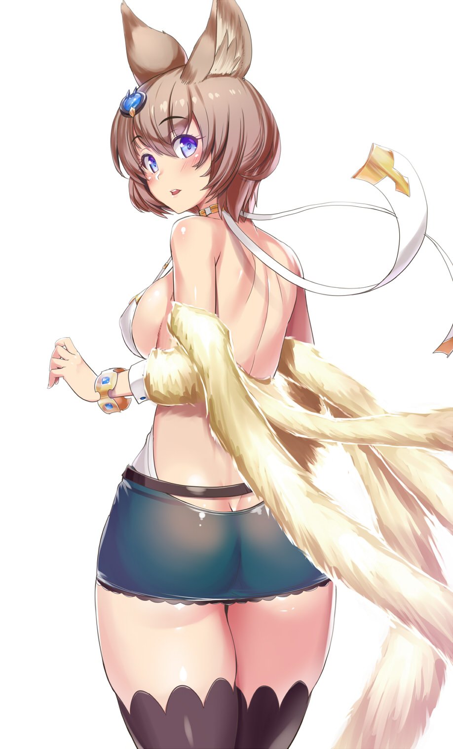 1girl animal_ears ass bangs bare_back bare_shoulders belt blue_eyes blush bob_cut bracelet breasts brown_hair butt_crack cape detached_sleeves dress erun_(granblue_fantasy) eyebrows eyebrows_visible_through_hair from_behind fur_trim granblue_fantasy hair_between_eyes hair_ornament halterneck highres jewelry kawase_seiki looking_at_viewer looking_back open-back_dress open_mouth raised_hand revealing_clothes see-through short_dress short_hair shoulder_blades sideboob solo stella_(granblue_fantasy) thigh-highs thighs wrist_cuffs
