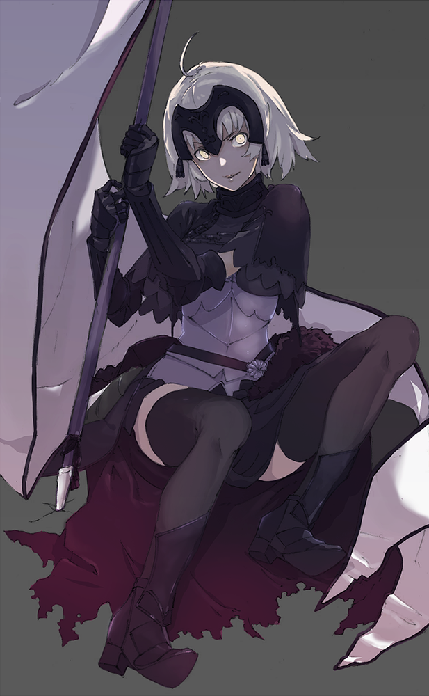 1girl ahoge armor artoria_pendragon_alter_(fate/grand_order) black_legwear breastplate capelet constricted_pupils fate/grand_order fate_(series) flag full_body gauntlets greaves pale_skin planted_weapon saber saber_alter silver_hair sitting solo takenisketch thigh-highs weapon yellow_eyes