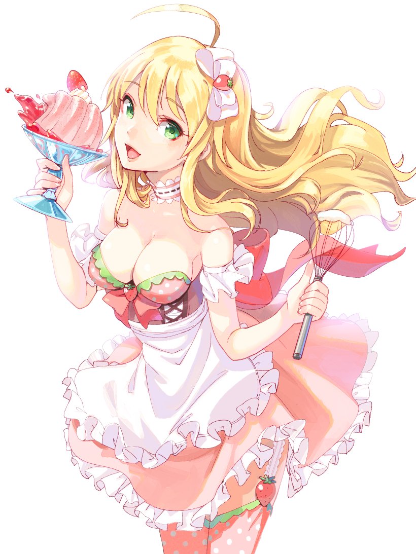 1girl :d ahoge apron blonde_hair breasts choker cowboy_shot dress food food_themed_clothes frilled_apron frills fruit garter_straps green_eyes holding hoshii_miki idolmaster joey_koguma ladle long_hair open_mouth polka_dot polka_dot_legwear simple_background smile solo strawberry thigh-highs waist_apron whipped_cream white_background