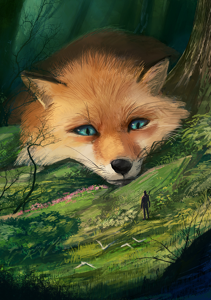3513 blue_eyes commentary fantasy forest fox giant nature original size_difference tree