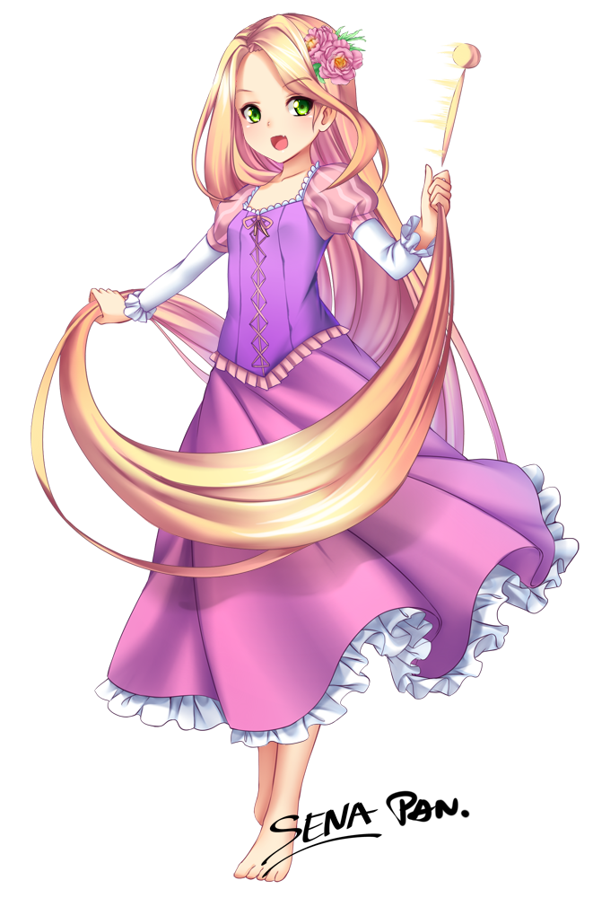 1girl absurdly_long_hair barefoot blonde_hair cross-laced_clothes disney dress fang flower full_body green_eyes hair_flower hair_ornament holding holding_hair kashi_kosugi long_hair open_mouth pink_dress rapunzel_(disney) signature smile solo tangled very_long_hair