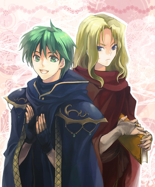 2boys blonde_hair blue_eyes book cape ellerean fingerless_gloves fire_emblem fire_emblem:_shin_monshou_no_nazo gloves green_eyes green_hair kaito_(sawayakasawaday) long_hair marich multiple_boys open_mouth