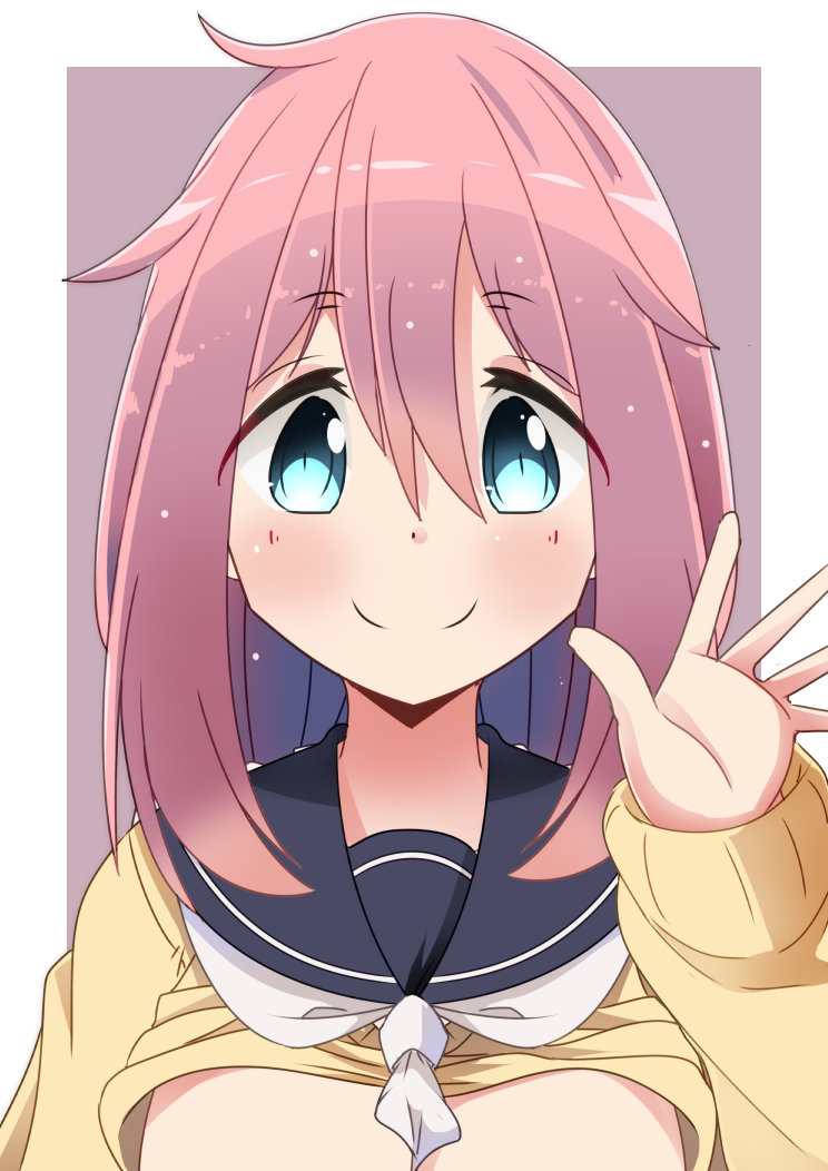 1girl between_breasts blue_eyes blush border closed_mouth clothes_lift eyebrows_visible_through_hair hair_between_eyes kagamihara_nadeshiko long_sleeves looking_at_viewer naruse_mai neckerchief outside_border pink_hair smile solo sweater sweater_lift upper_body waving yellow_sweater yurucamp