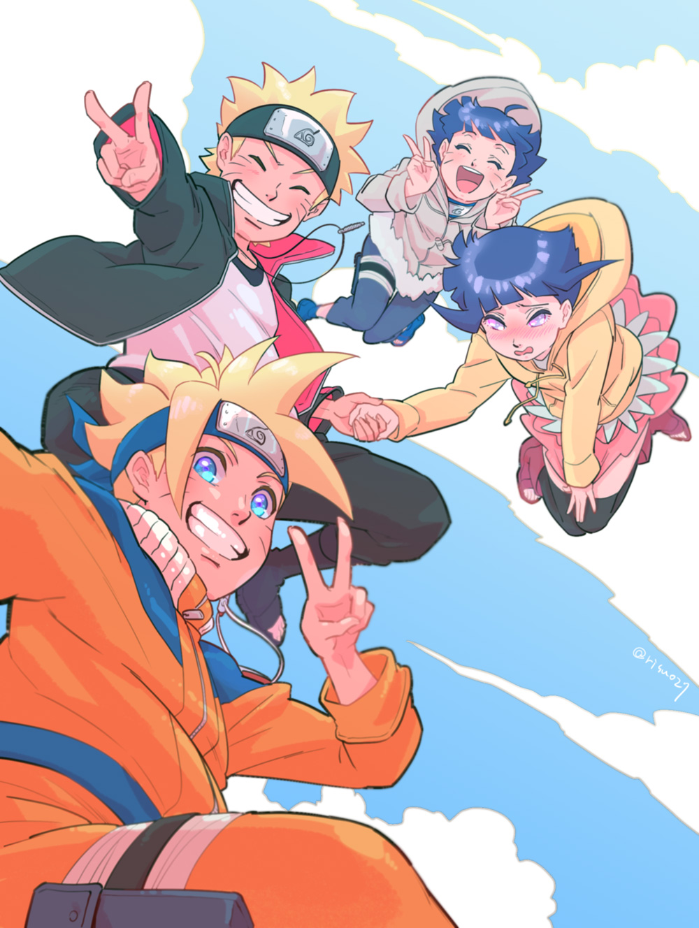 2boys 2girls ahoge blonde_hair blue_eyes boruto:_naruto_the_movie cosplay costume_switch family forehead_protector highres holding_hands hood hoodie hyuuga_hinata jacket lavender_eyes looking_at_viewer midair multiple_boys multiple_girls naruto purple_hair risuo smile spiky_hair time_paradox uzumaki_boruto uzumaki_himawari uzumaki_naruto v whiskers