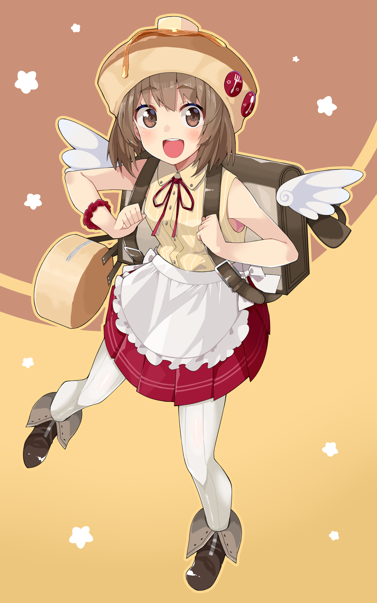 1girl :d ankle_boots apron armpits backpack bag bare_shoulders blush boots brown_boots brown_eyes brown_hair buckle buttons collar collared_vest detached_wings eyebrows food_themed_clothes fork_print gomashi_(goma) handbag highres looking_at_viewer open_mouth original pantyhose pleated_skirt red_ribbon red_skirt ribbon round_teeth scrunchie short_hair simple_background skirt smile solo spoon_print striped striped_legwear striped_vest teeth thick_eyebrows two-tone_background vertical-striped_legwear vertical_stripes waist_apron white_legwear white_wings wings wrist_scrunchie