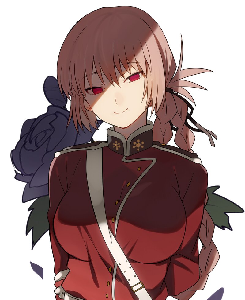 1girl bangs belt between_breasts braid breasts empty_eyes epaulettes fate/grand_order fate_(series) florence_nightingale_(fate/grand_order) flower gloves large_breasts long_hair long_sleeves looking_at_viewer mandarin_collar military military_uniform pink_hair red_eyes sam_browne_belt sanae_(satansanae) shadowed single_braid solo tied_hair tsurime uniform white_gloves