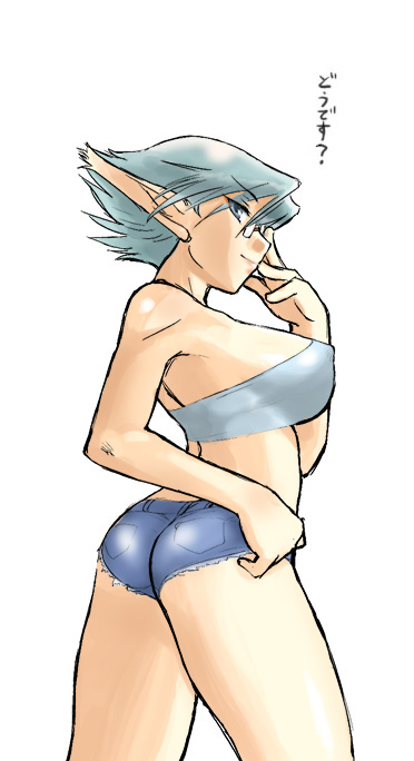 1girl blue_hair breasts breath_of_fire breath_of_fire_v dr.p glasses large_breasts pointy_ears short_hair short_shorts shorts solo white_background zeno_1/128
