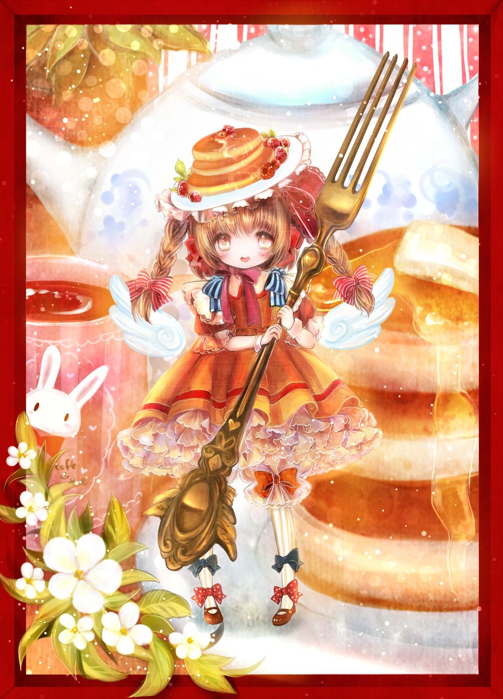 1girl braid butter flower food_as_clothes fork frills highres himemurasaki holding honey original pancake personification rabbit tagme tea teapot twin_braids