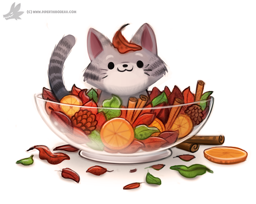 :3 animal bowl cat closed_mouth cryptid_creations food fruit full_body fur grey_fur in_bowl in_container leaf leaf_on_head looking_at_viewer orange orange_slice original pointy_ears simple_background smile watermark web_address whiskers white_background