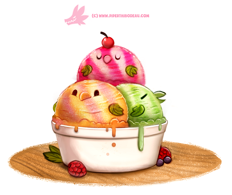 beak bird blueberry cherry closed_eyes creature cryptid_creations cup dripping food food_on_head fruit fruit_on_head ice_cream leaf_wings melting no_humans object_on_head original raspberry sherbet simple_background sleeping watermark web_address white_background