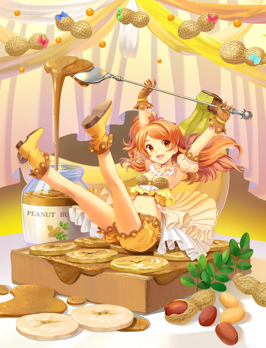 1girl :d arms_up banana_slice blue_bow blush boots bottle bow breasts brown_eyes brown_gloves brown_hair detached_sleeves food_themed_clothes gloves green_bow holding holding_spoon idolmaster idolmaster_million_live! joey_koguma long_hair navel one_side_up oogami_tamaki open_mouth oversized_object peanut peanut_butter plant puffy_sleeves red_bow shorts sitting smile solo spoon toast yellow_boots yellow_shorts