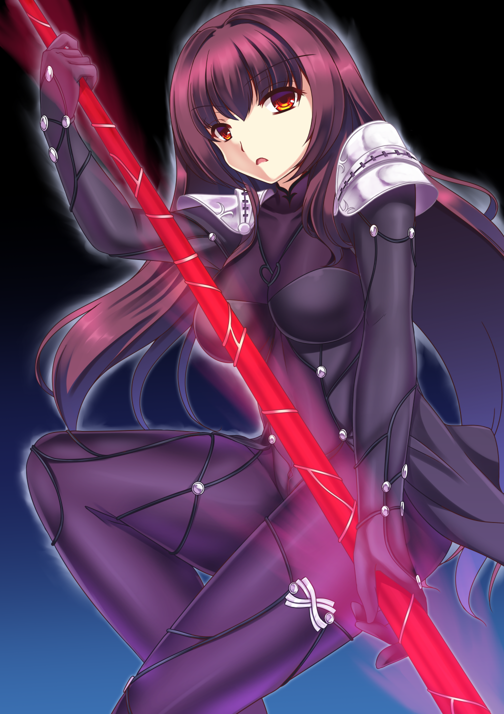 1girl breasts fate/grand_order fate/stay_night fate_(series) highres huge_breasts lancer long_hair open_mouth pantyhose scathach_(fate/grand_order) see-through sheita stick thigh-highs