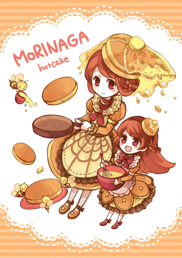 2girls bee butter food_as_clothes food_themed_clothes frying_pan honey mena mother_and_daughter multiple_girls original pancake personification tagme whisk