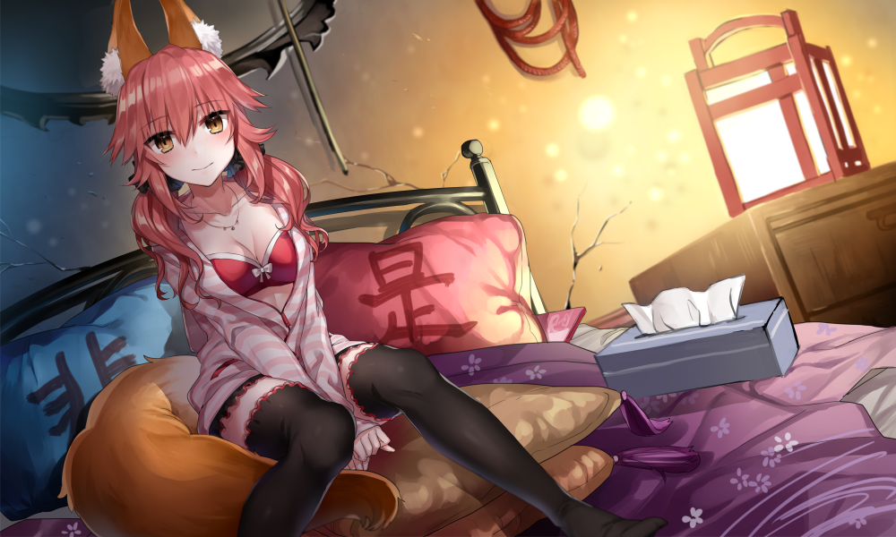 1girl animal_ears bed bed_sheet bedroom black_legwear blanket blush bow bow_bra bra breasts brown_eyes caster_(fate/extra) cleavage closed_mouth collarbone crevice dutch_angle eyebrows eyebrows_visible_through_hair fate/extra fate_(series) fox_ears hair_between_eyes horizontal_stripes indoors jewelry kanji lamp lantern light long_sleeves looking_at_viewer low_twintails necklace on_bed own_hands_together pendant pink_bow pink_hair pocket red_bra shirako_miso sitting sitting_on_bed sitting_on_pillow smile solo striped tassel thigh-highs tissue_box twintails underwear unzipped v_arms whip zettai_ryouiki zipper